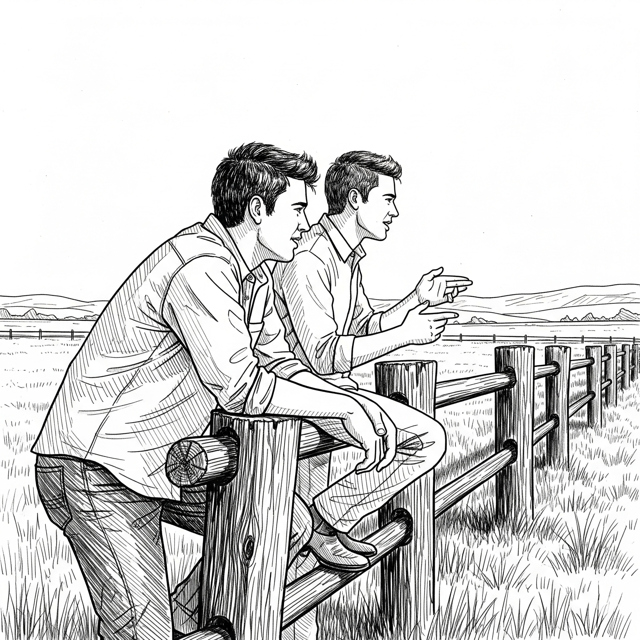 A black and white sketch illustration of a Live Strong caring life coach/mentor with a young man, symbolizing the unique Relational model used by Live Strong to help young man get their life back on track.