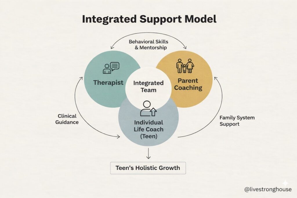 Integrated support model Venn diagram for young men's clinical therapy featuring collaborative care between a therapist, parent coach, and life coach at Live Strong House.